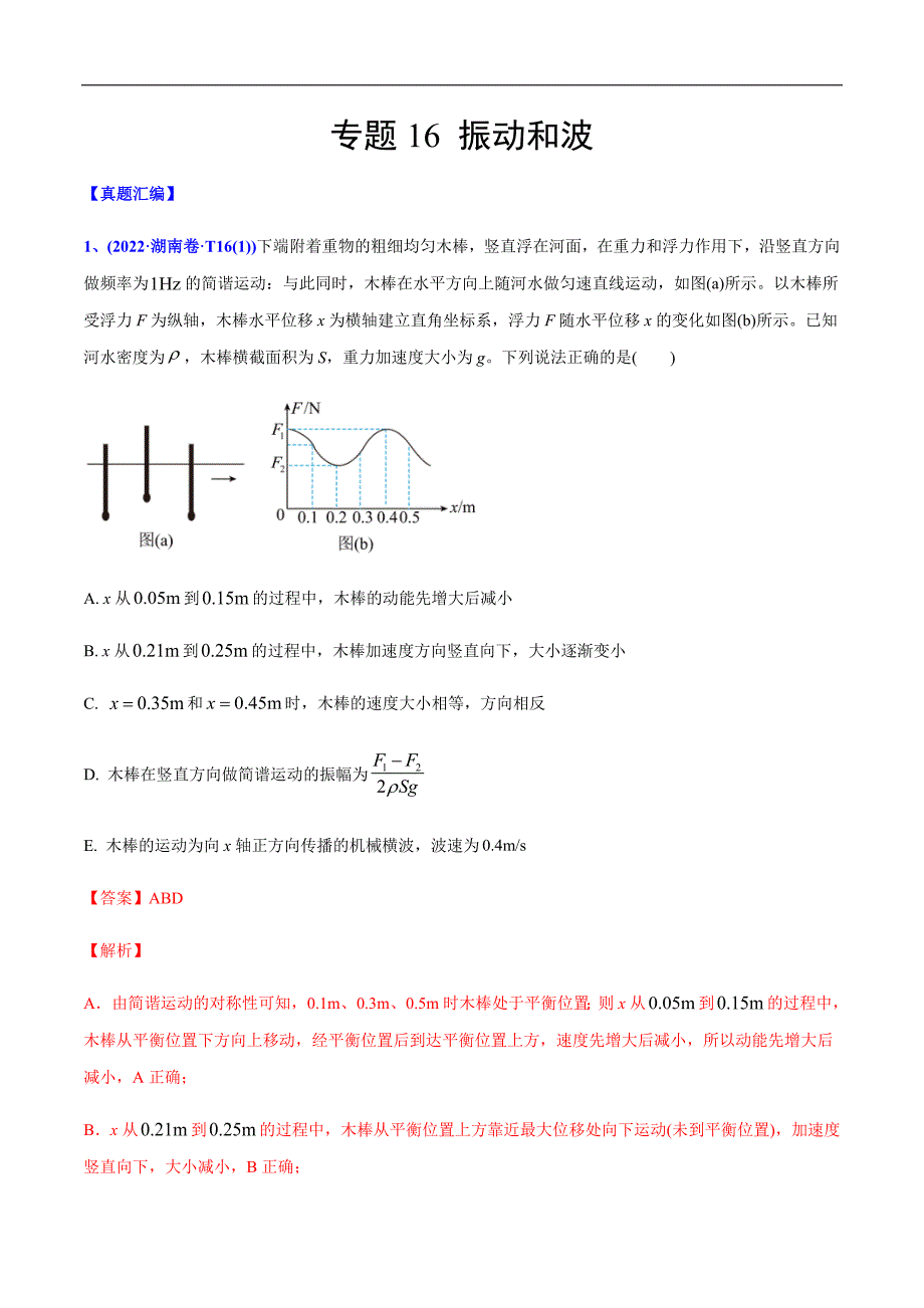 高考物理二轮复习分类训练专题16 振动和波（含解析）_第1页