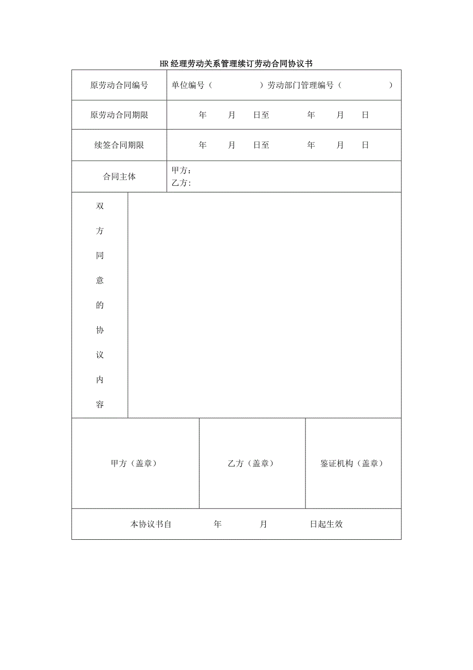 HR经理劳动关系管理续订劳动合同协议书_第1页