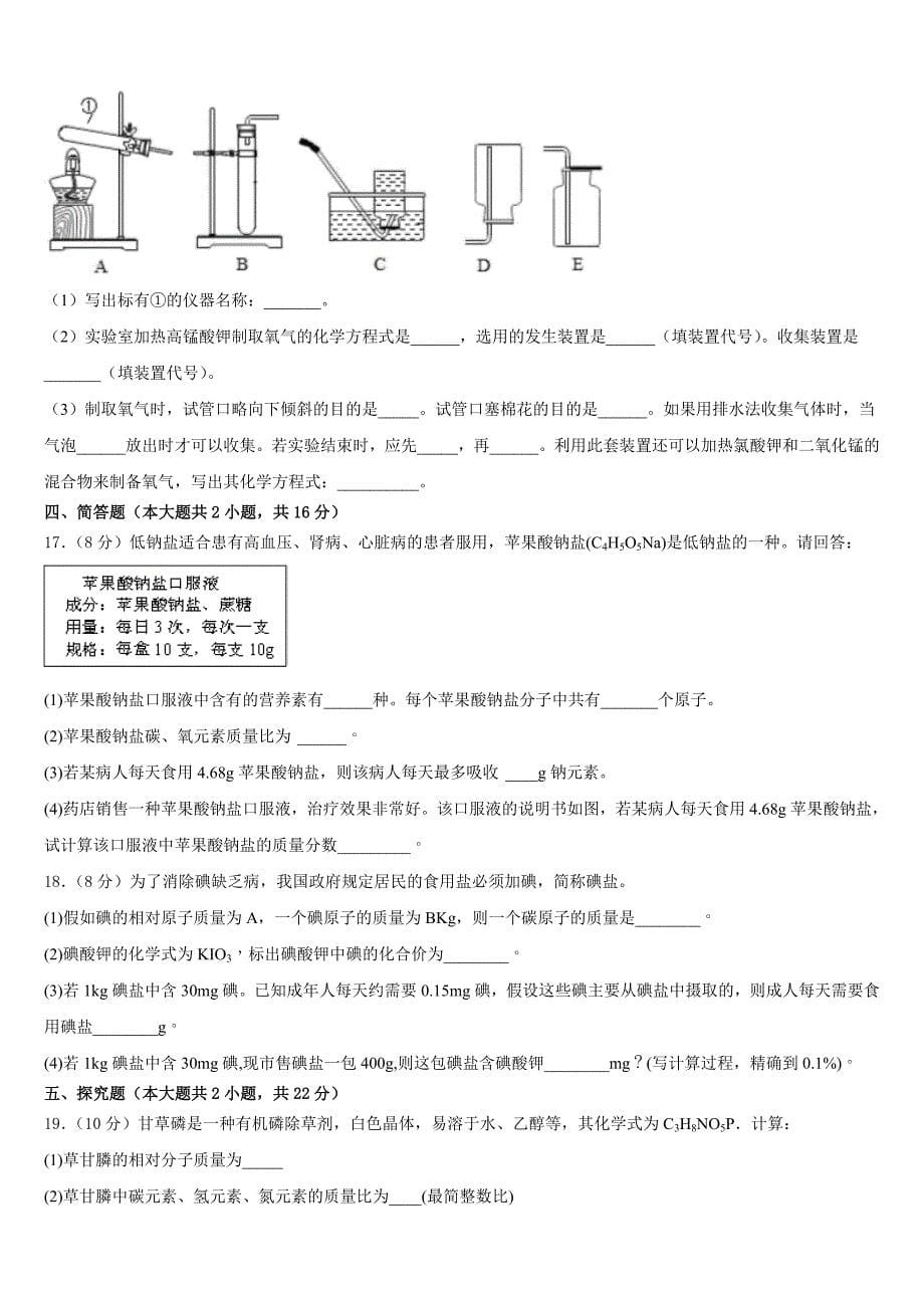 河北省保定市雄县2023-2024学年九上化学期中学业水平测试试题含答案_第5页