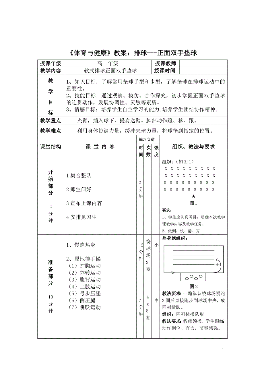 【教学设计】高中体育《排球正面双手垫球教案》_第1页