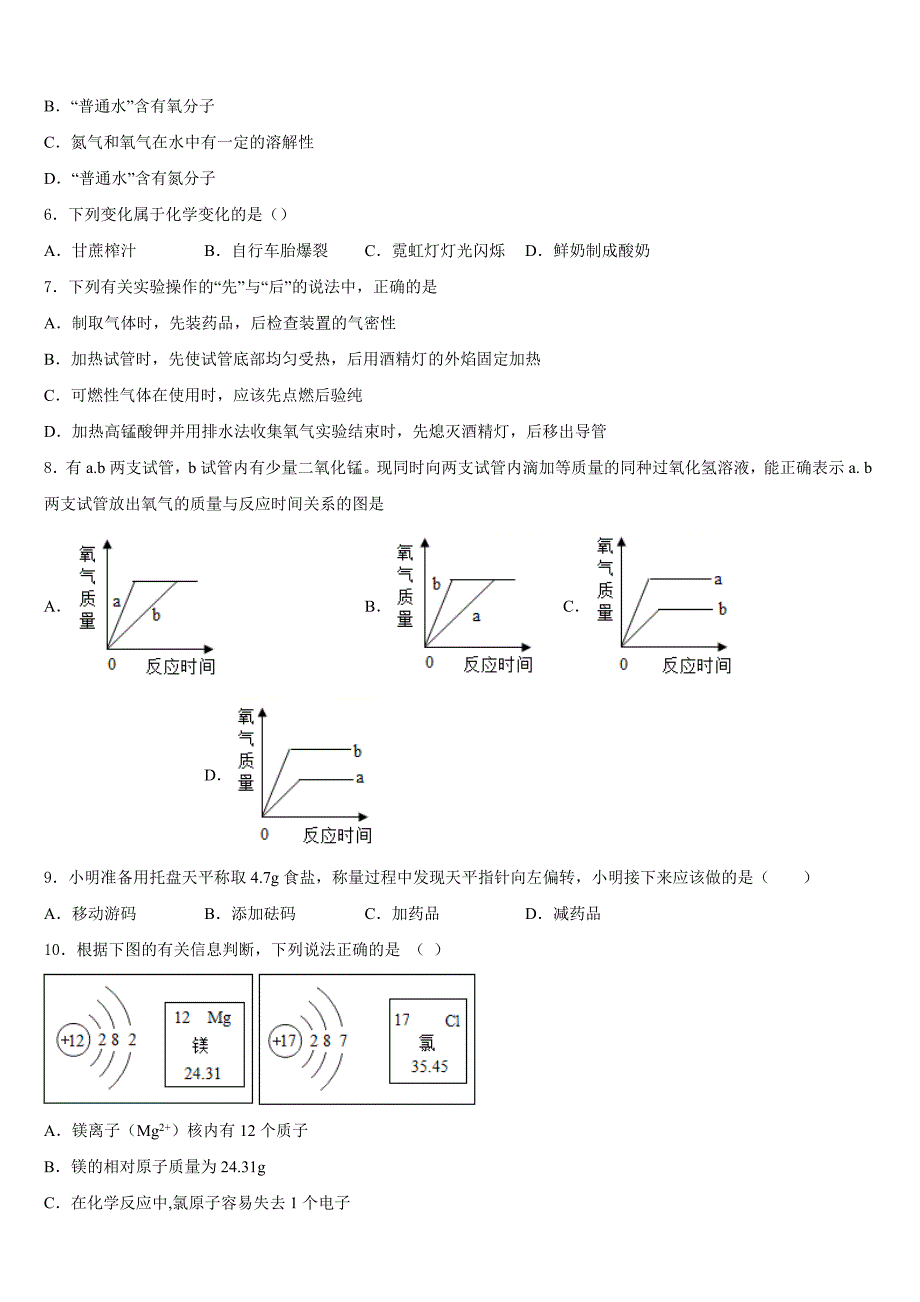 2023-2024学年江苏省东海晶都双语学校九上化学期中复习检测试题含答案_第2页