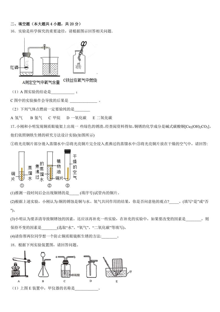 2023-2024学年山东省济南市汇才学校化学九年级第一学期期末监测模拟试题含答案_第5页