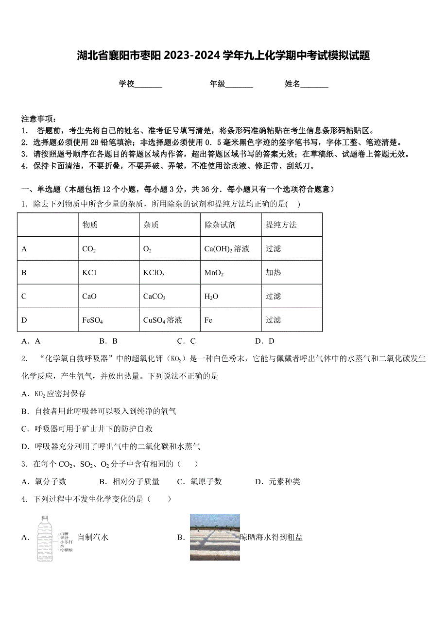 湖北省襄阳市枣阳2023-2024学年九上化学期中考试模拟试题含答案_第1页