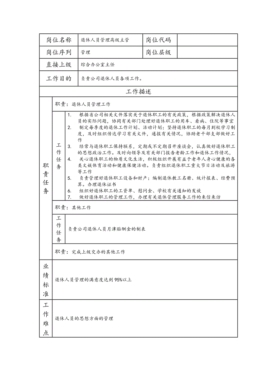 退休人员管理高级主管--工业制造类岗位职责说明书_第1页