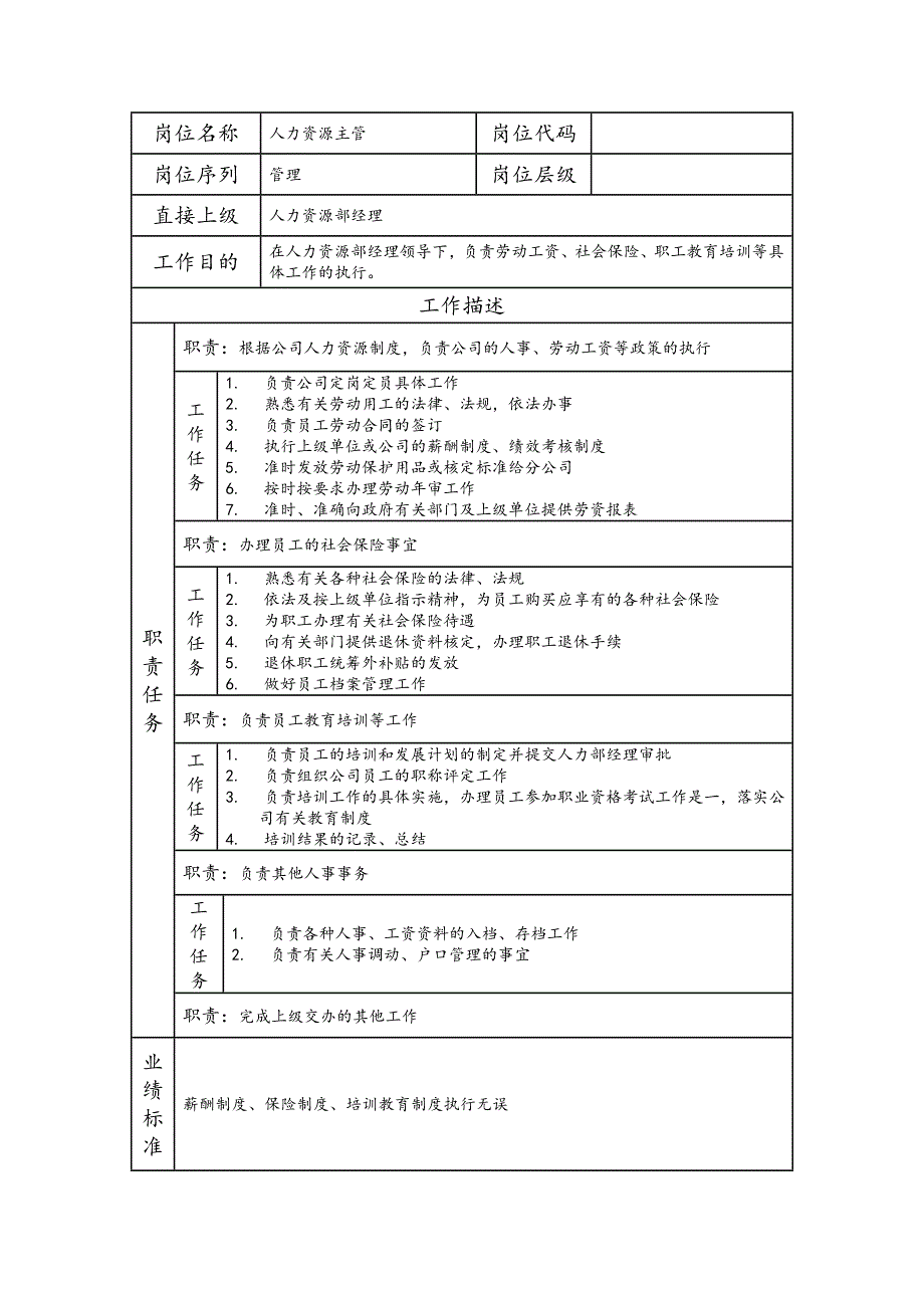 人力资源主管--工业制造类岗位职责说明书_第1页