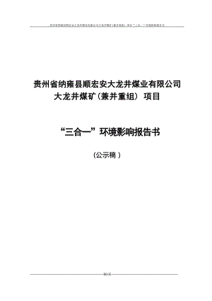 贵州省纳雍县顺宏安大龙井煤业有限公司大龙井煤矿（兼并重组）项目环境影响报告