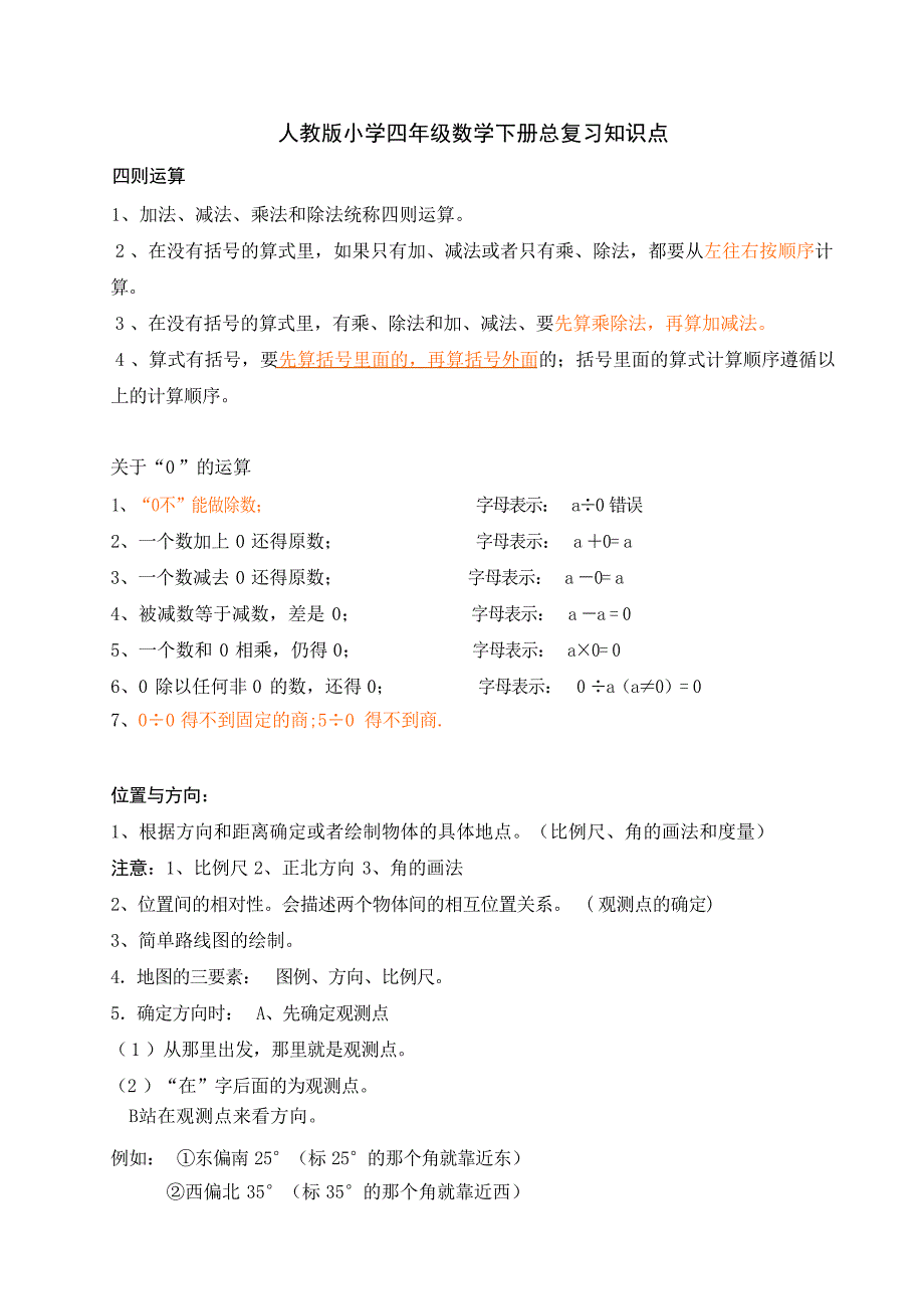 人教版小学四年级数学下册总复习重点知识1小学教育_第1页