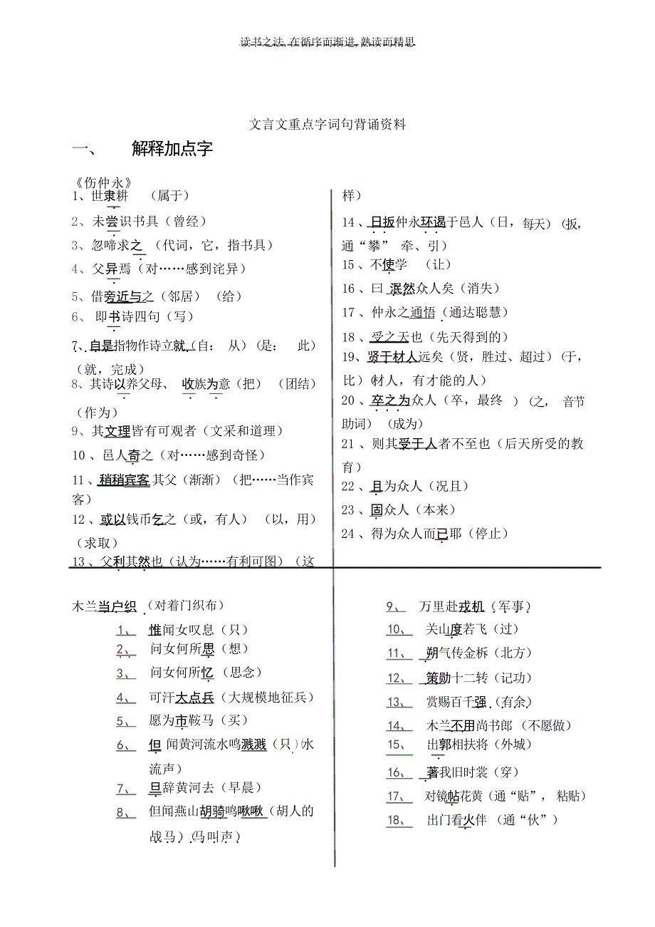 初一下文言文重点字词句复习提纲初中教育_第1页