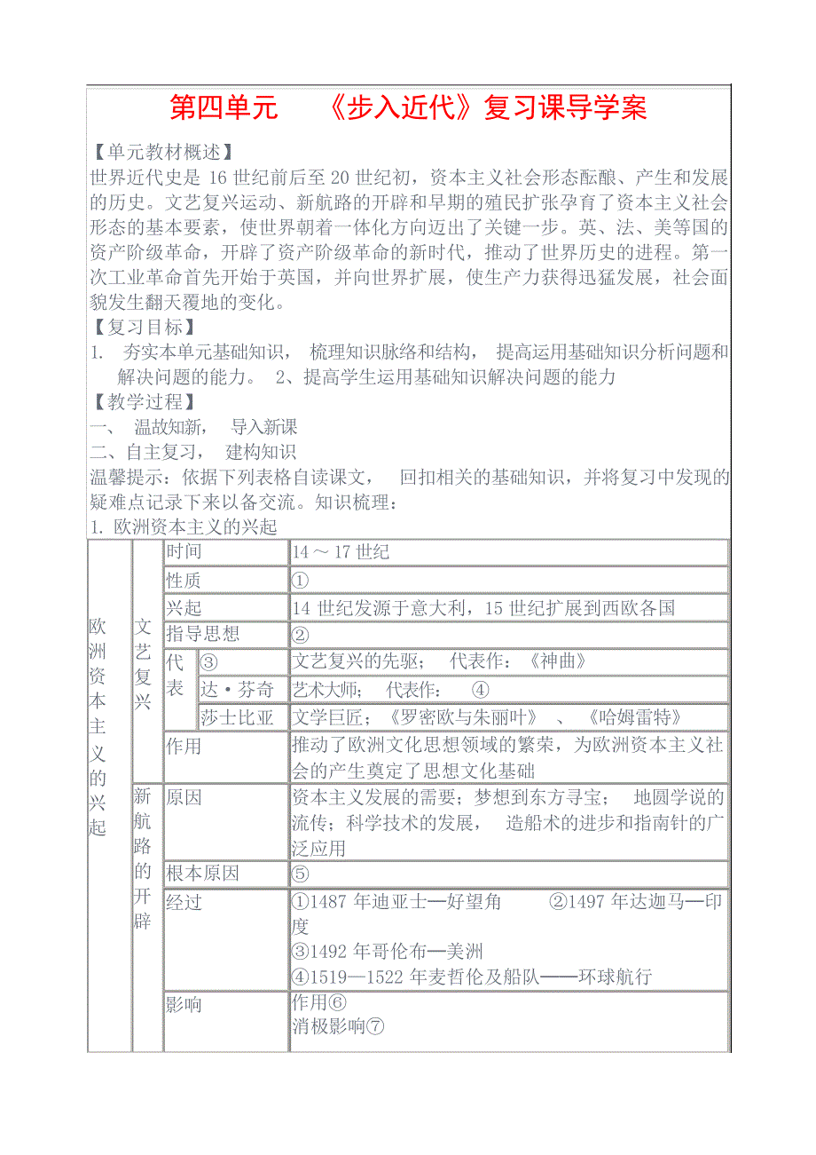 九上中考历史各单元复习导学案中学学案_第1页