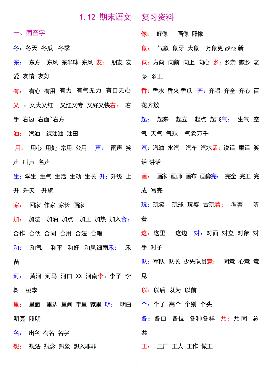 一年级下册语文期末复习重点整理初中教育_第1页