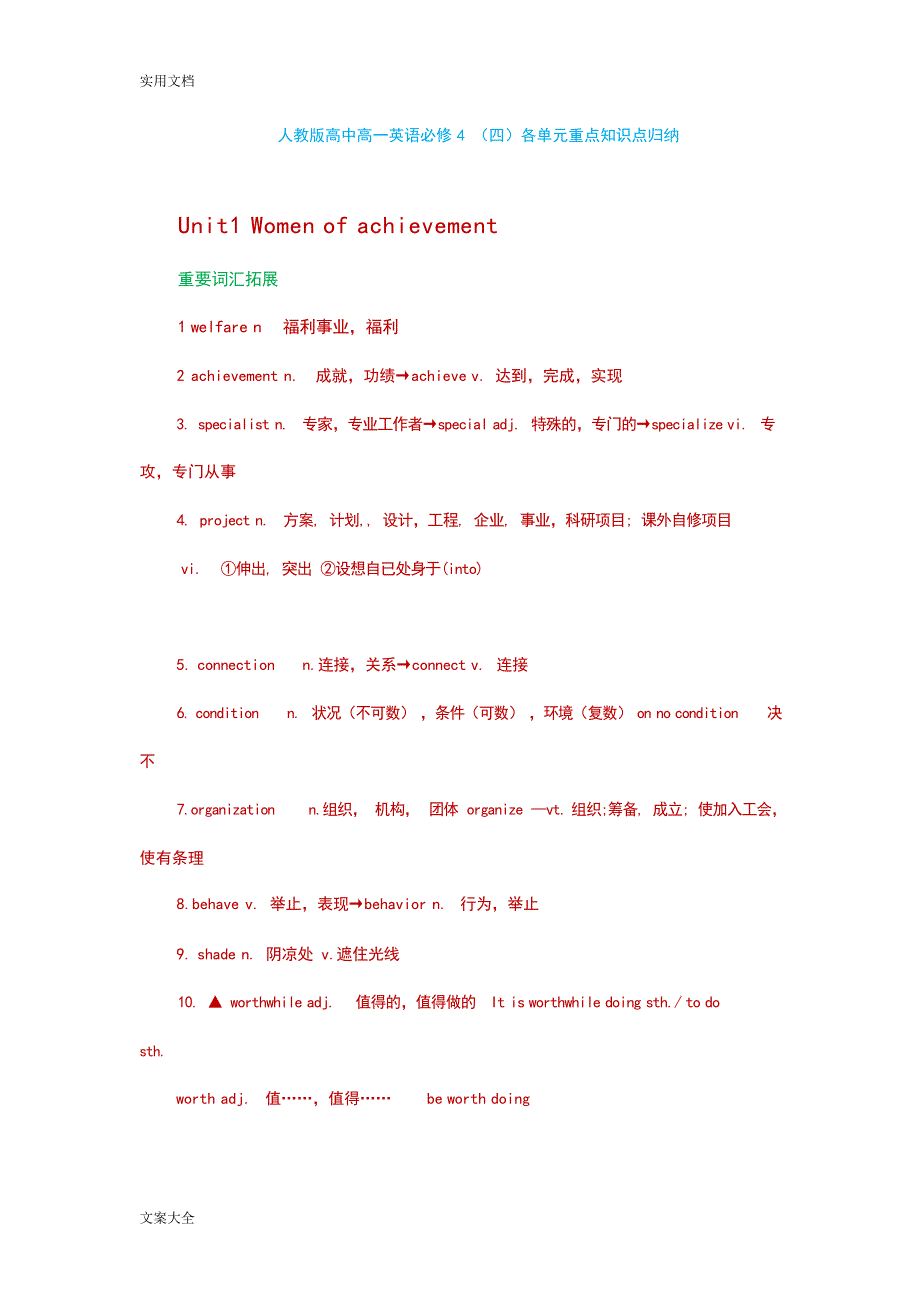 人教版高中高一英语必修4四各单元重点知识点归纳新颖可打印版高中教育_第1页