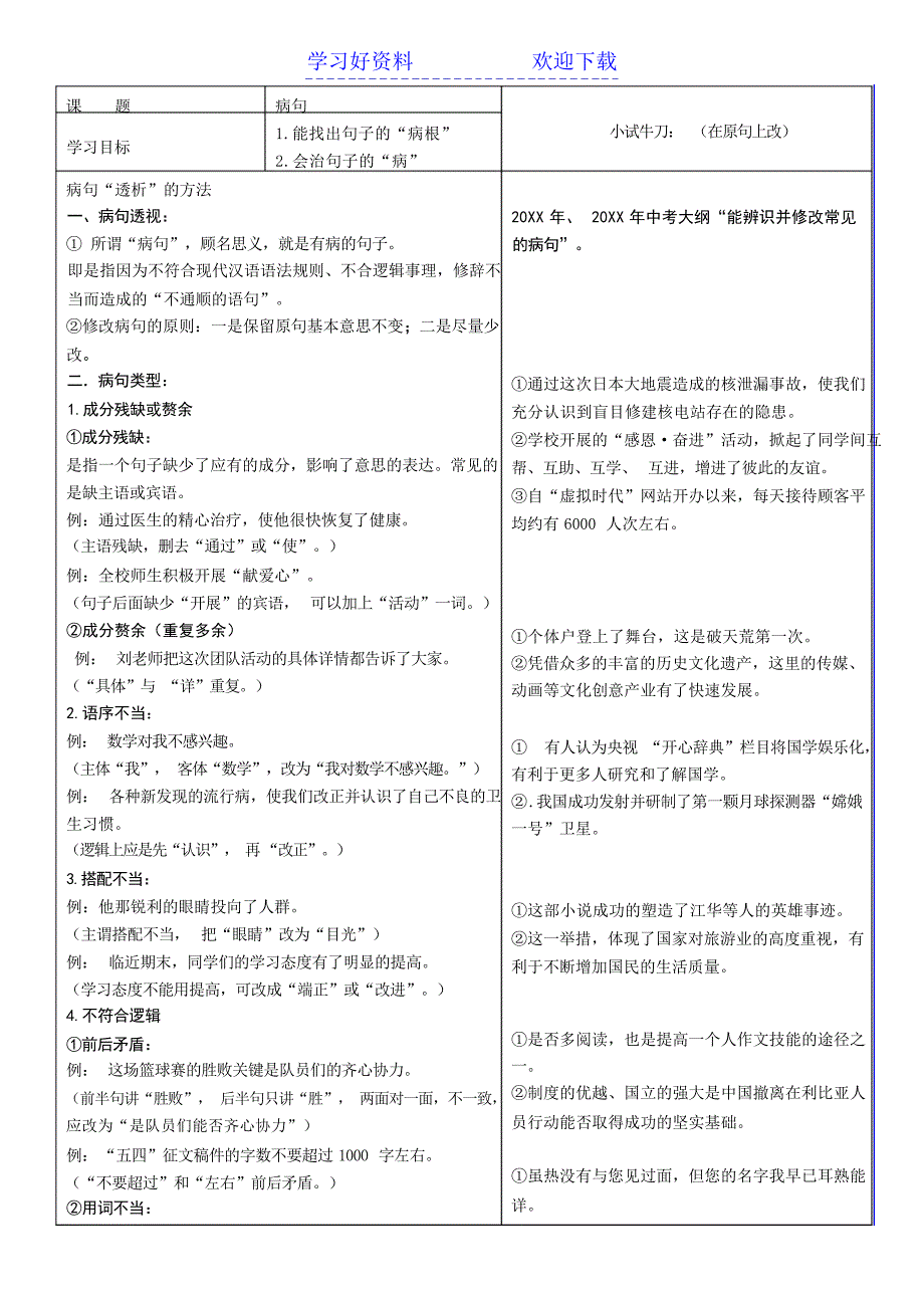 初三复习病句导学案中学学案_第1页