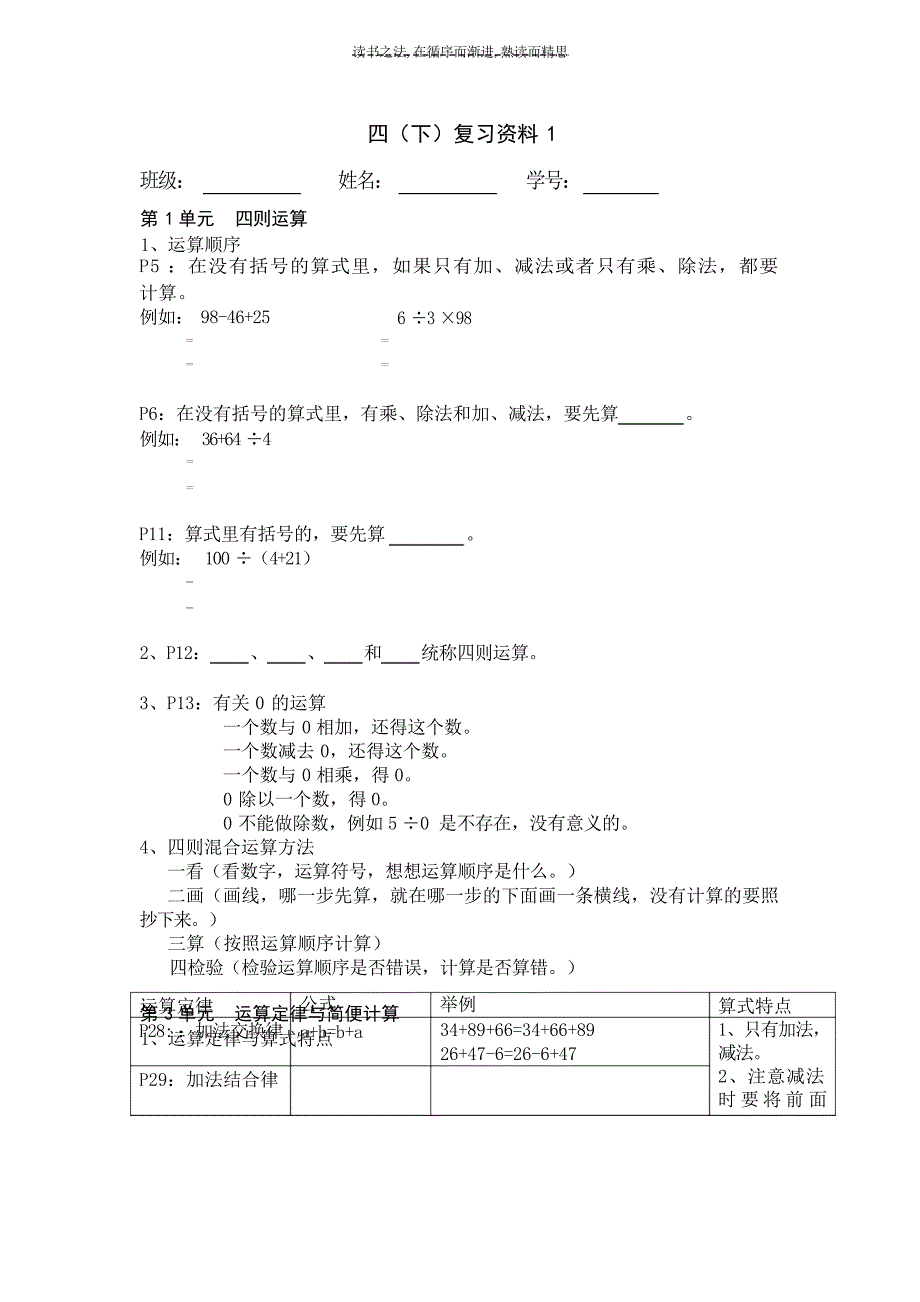 人教版四年级数学下册复习资料小学教育_第1页