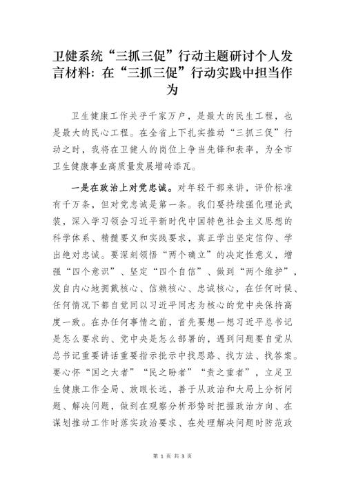 卫健系统“三抓三促”行动主题研讨个人发言材料：在“三抓三促”行动实践中担当作为