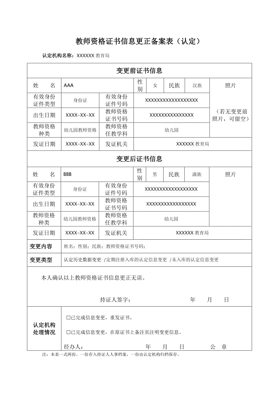 教师资格证书信息更正备案表（认定）_第1页