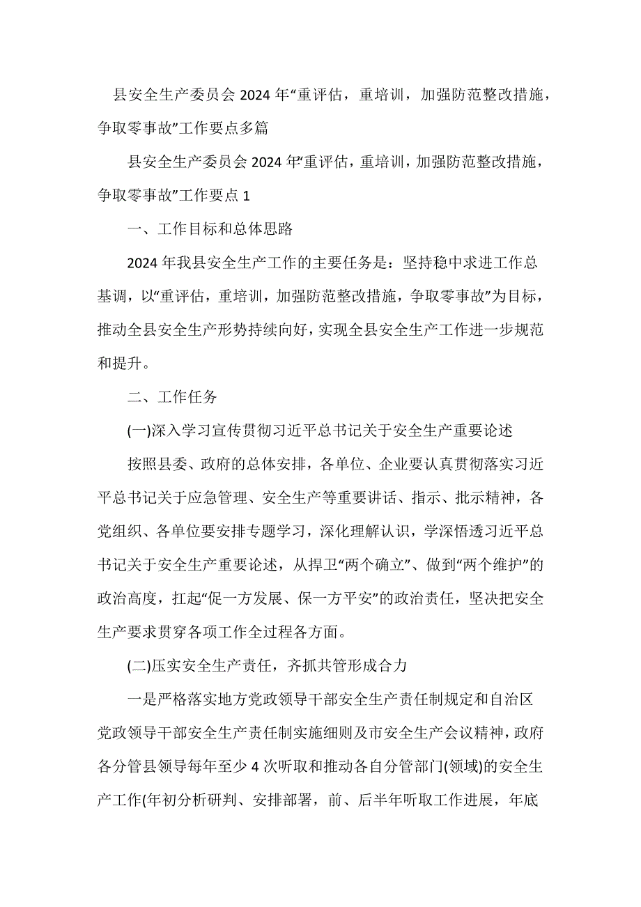 县安全生产委员会2024年“重评估重培训加强防范整改措施争取零事故”工作要点多篇_第1页