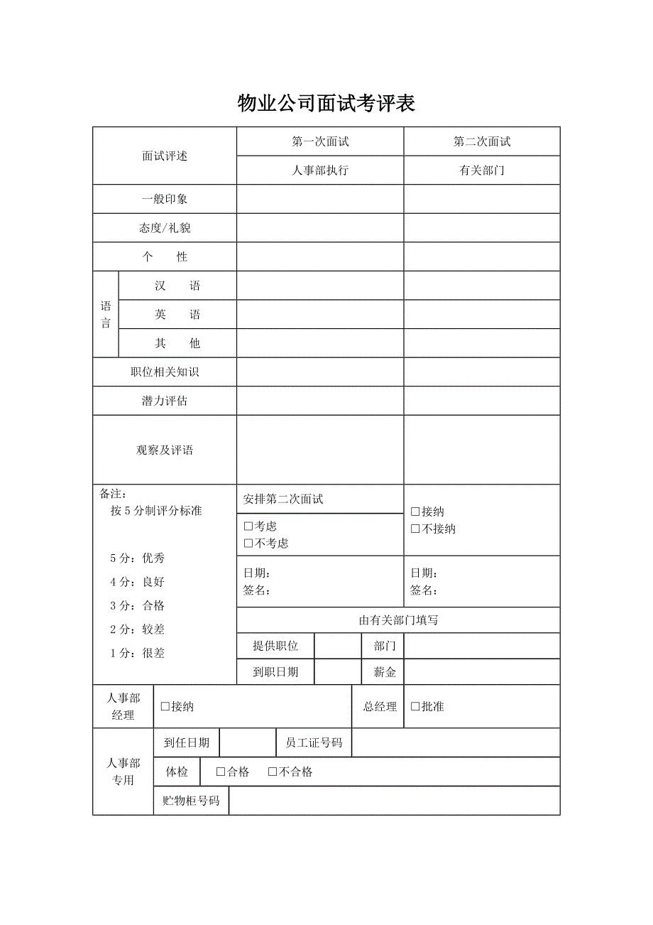 物业公司面试考评表_第1页