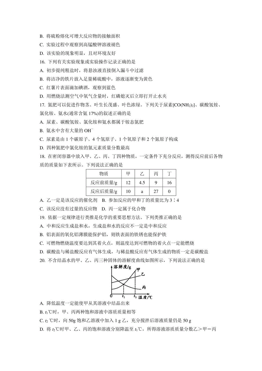 2022年徐州市中考化学考前模拟试卷 一(含答案)_第2页