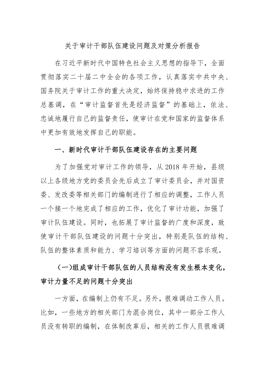 关于审计干部队伍建设问题及对策分析报告_第1页