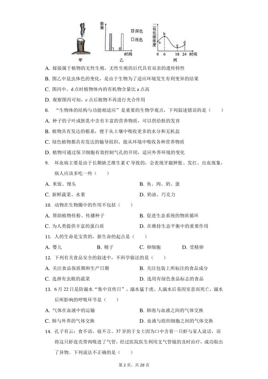 2022年山东省聊城市高唐县中考生物二模试卷（附答案详解）_第2页