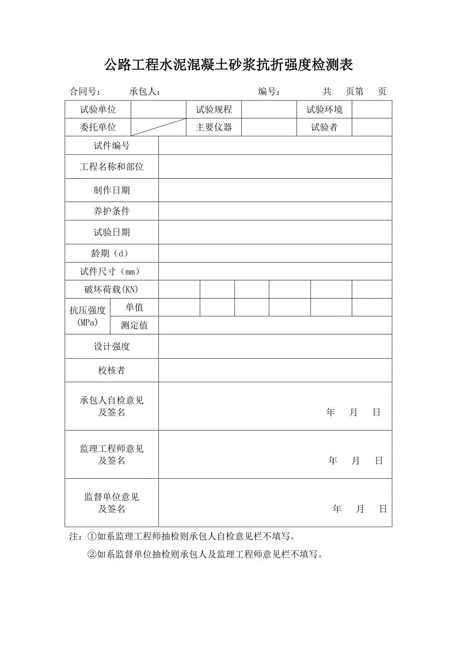 公路工程水泥混凝土砂浆抗折强度检测表_第1页