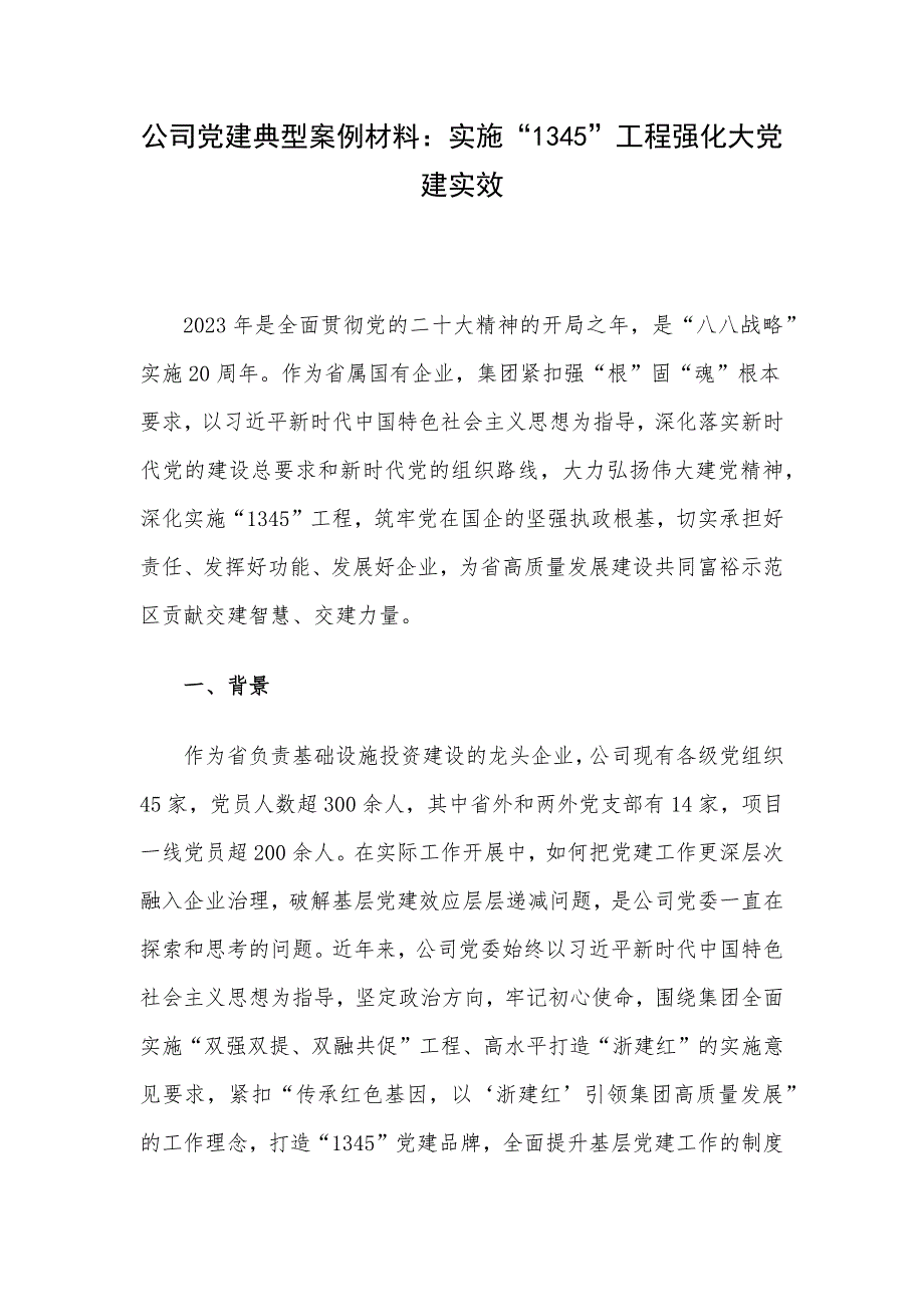 公司党建典型案例材料：实施“1345”工程强化大党建实效_第1页