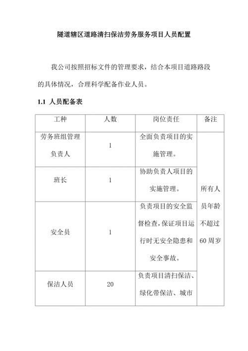 隧道辖区道路清扫保洁劳务服务项目人员配置