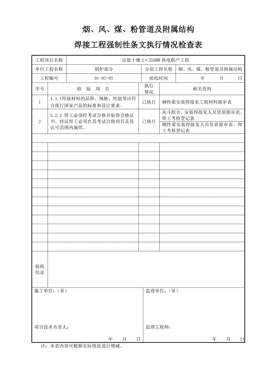 烟风煤粉管道及附属结构焊接工程强制性条文执行情况检查表_第1页