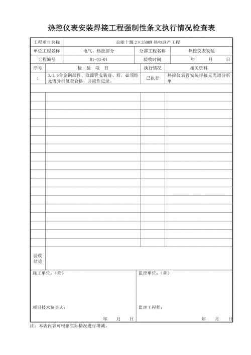 热控仪表安装焊接工程强制性条文执行情况检查表