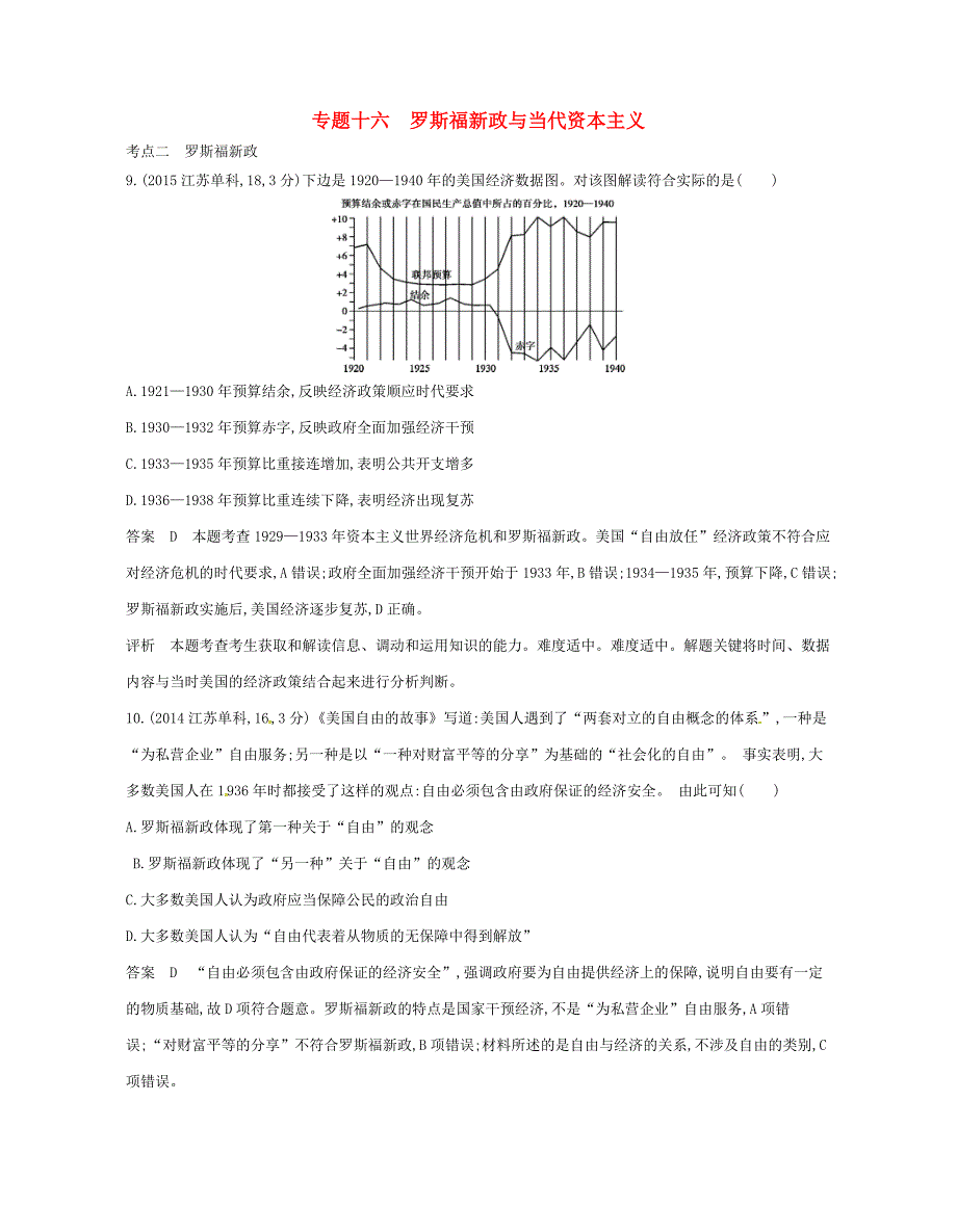 高考历史总复习 专题十六 罗斯福新政与当代资本主义试题-人教版高三全册历史试题_第1页