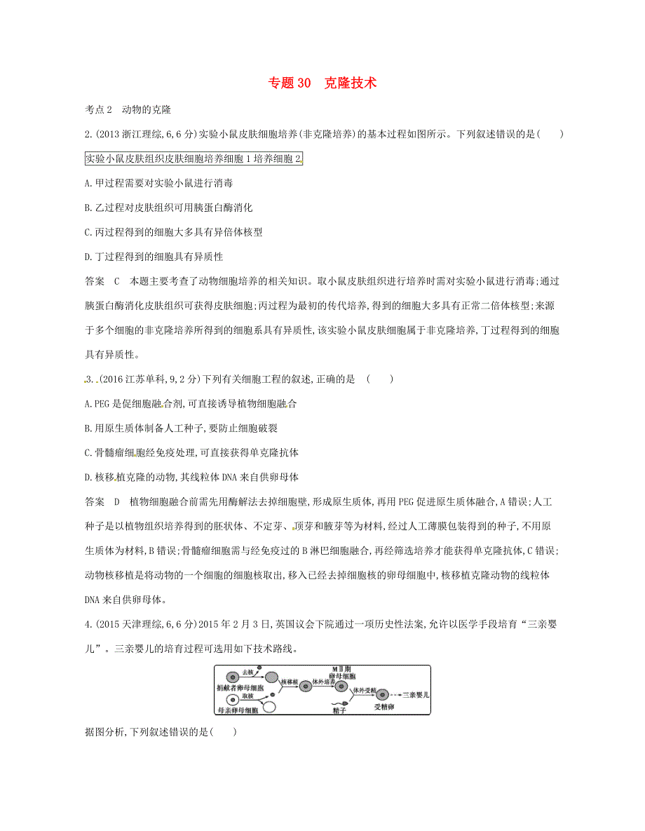高考生物总复习 专题30 克隆技术试题-人教版高三全册生物试题_第1页