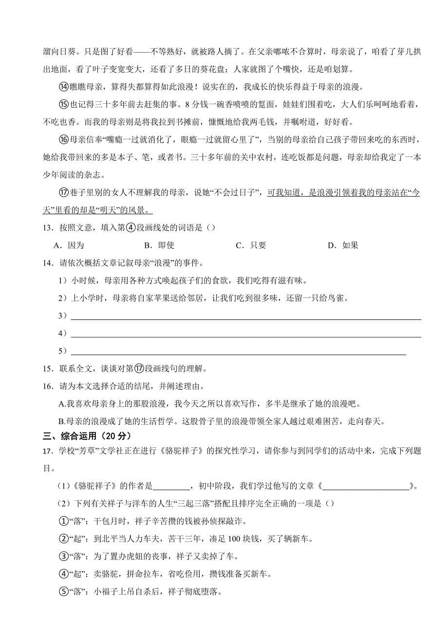 上海市嘉定区九年级上学期语文期末考试试卷附参考答案_第5页