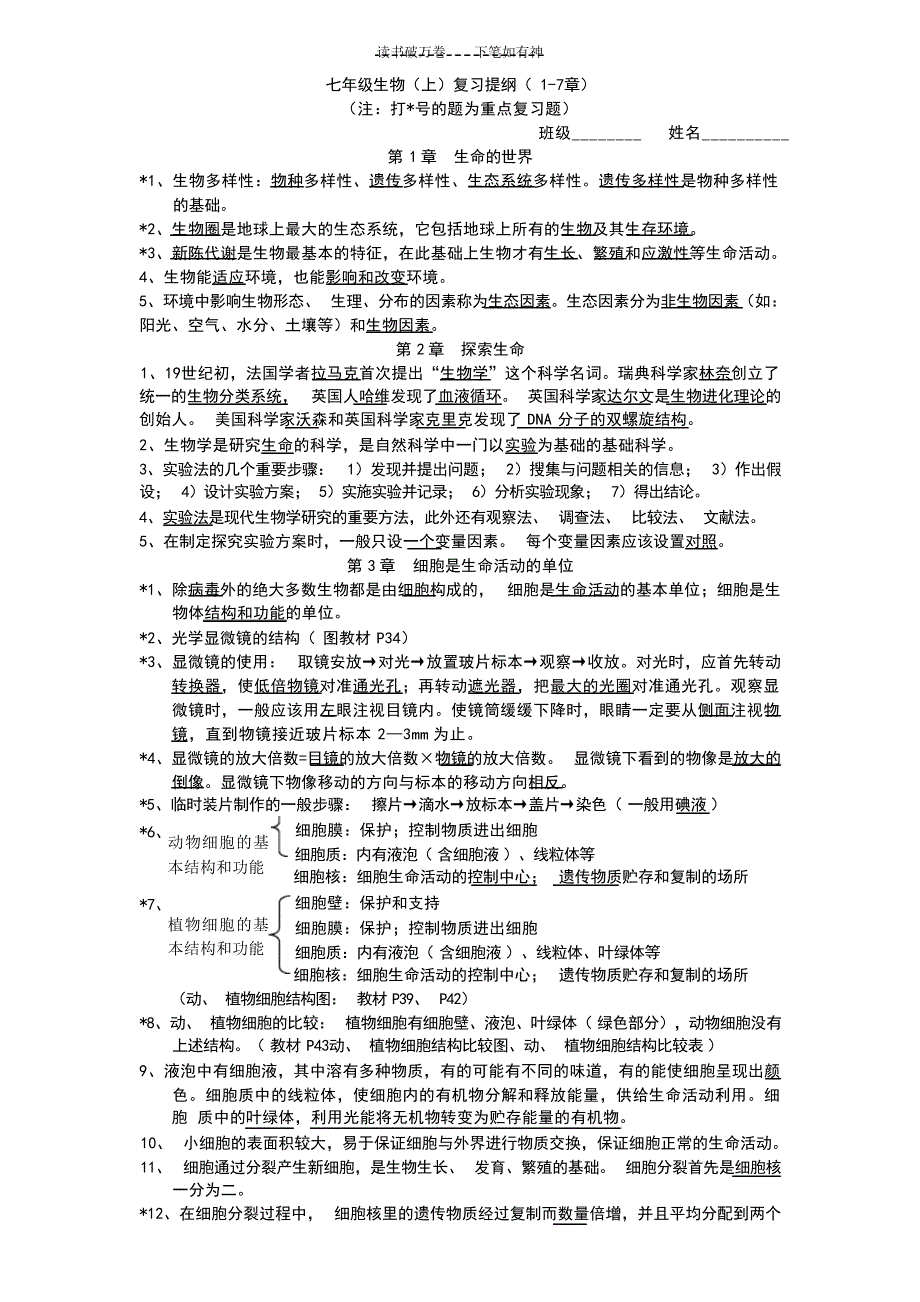 七年级上生物复习提纲 2生物学_第1页