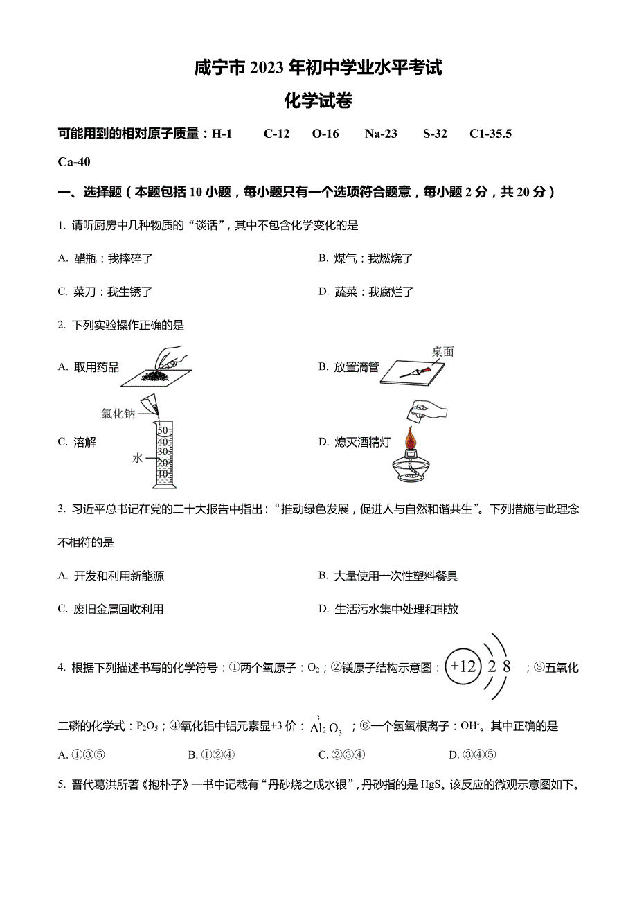 2023年湖北省咸宁市中考化学真题(解析版)_第1页