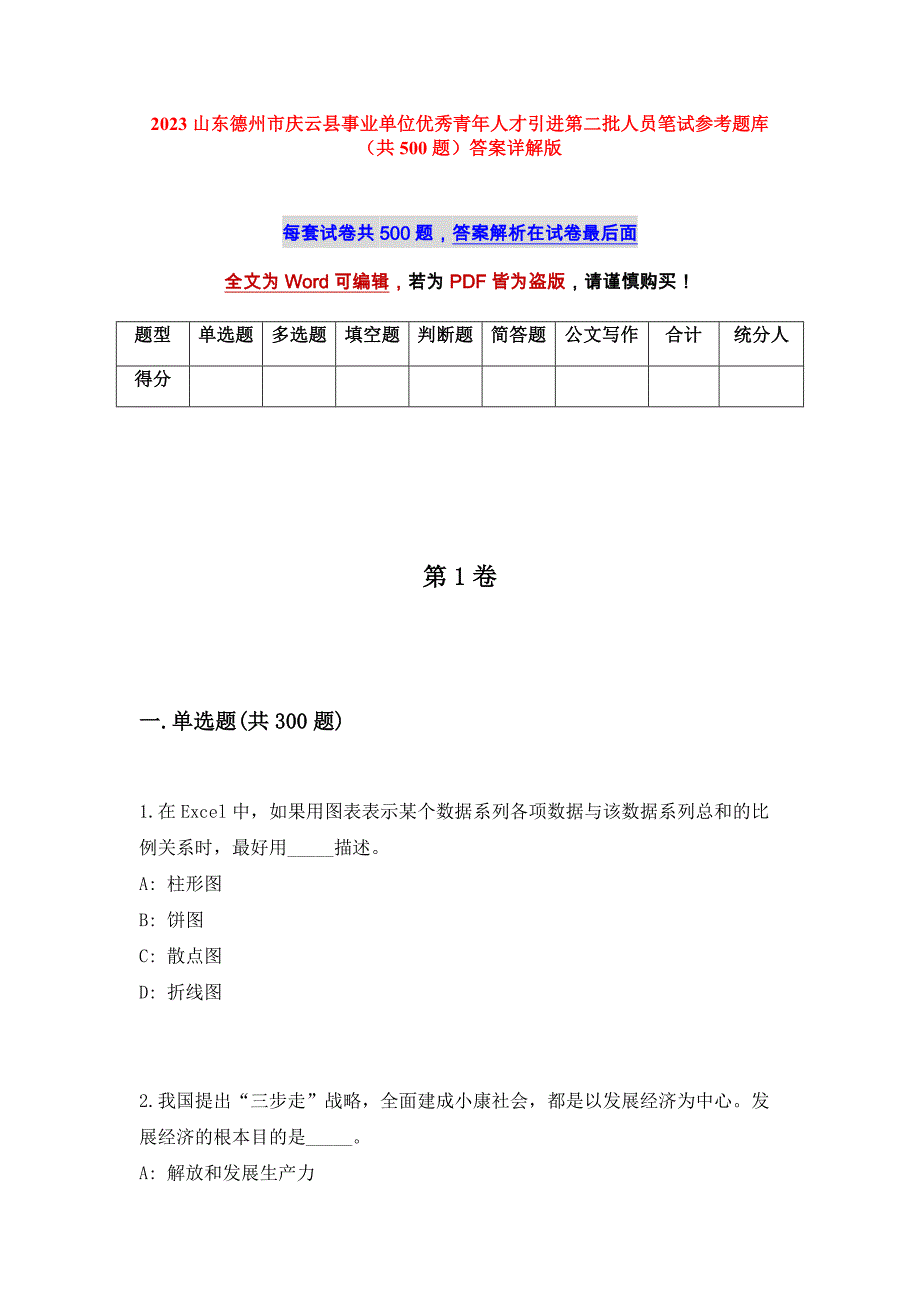 2023山东德州市庆云县事业单位优秀青年人才引进第二批人员笔试参考题库（共500题）答案详解版_第1页