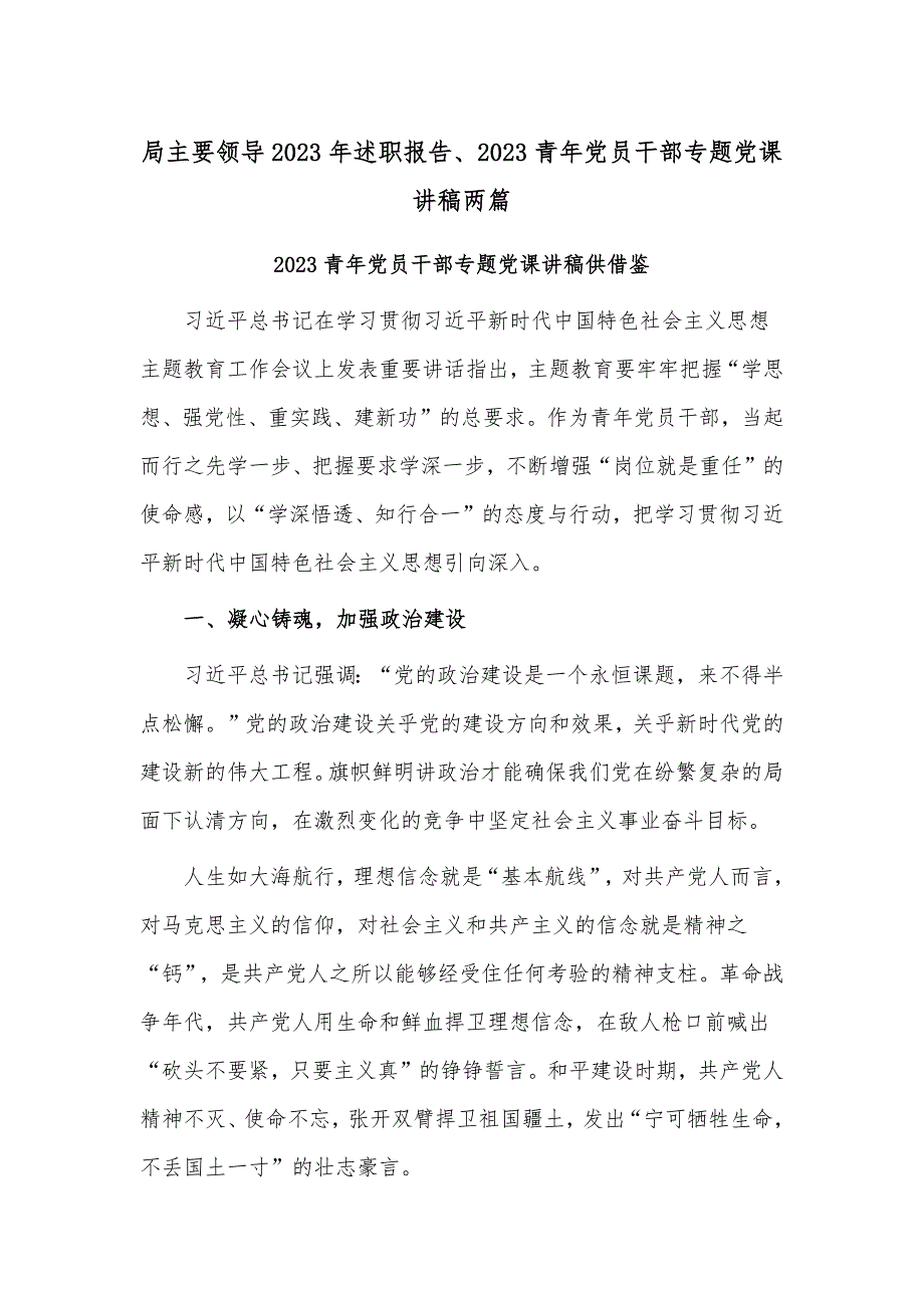 局主要领导2023年述职报告、2023青年党员干部专题党课讲稿两篇_第1页