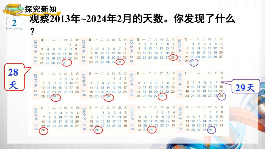 人教版新插图小学三年级数学下册6-2《认识平年和闰年》课件_第3页