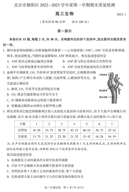 2023年北京朝阳区高三上学期期末生物试题和答案