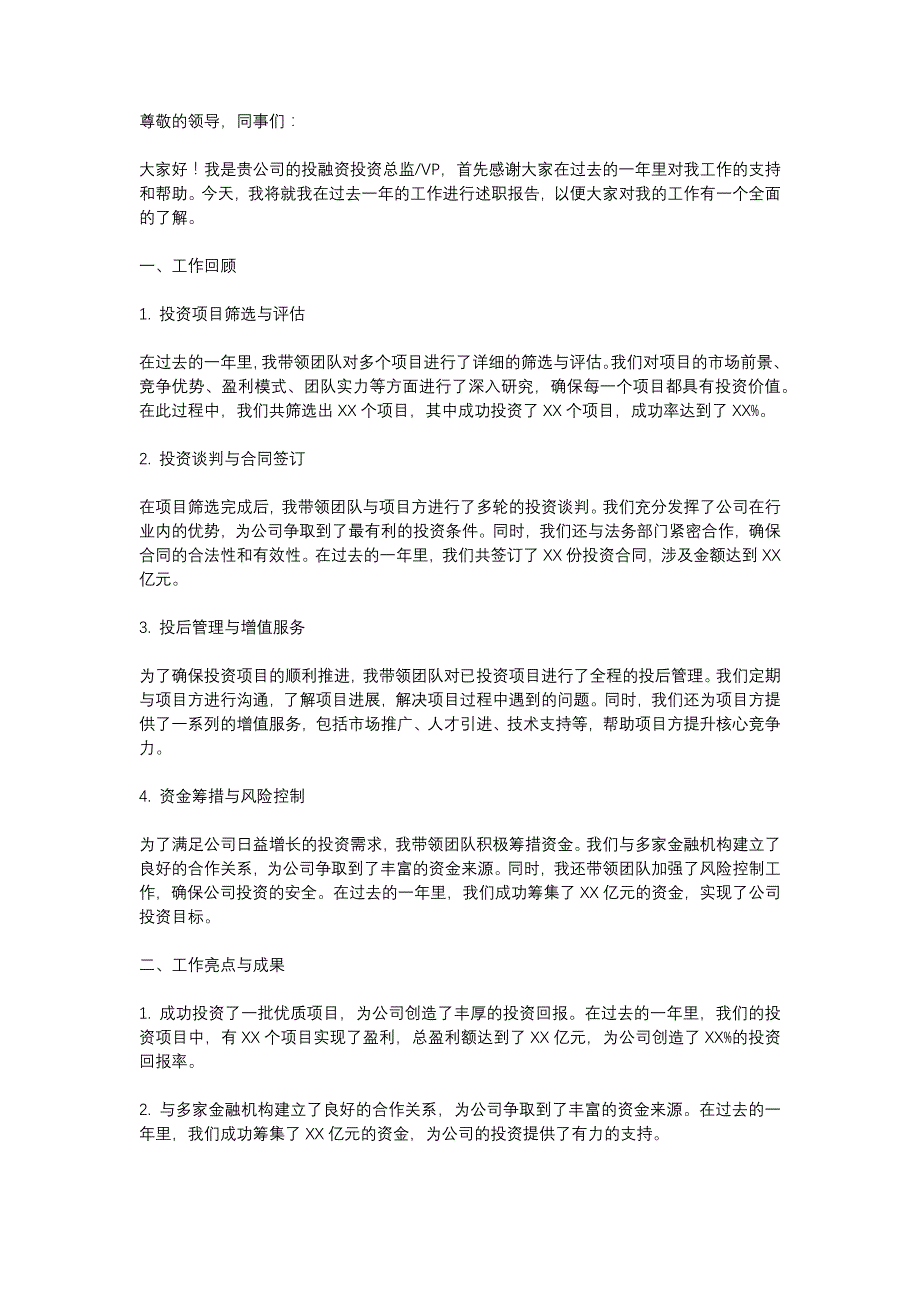 投融资投资总监-VP述职报告_第1页