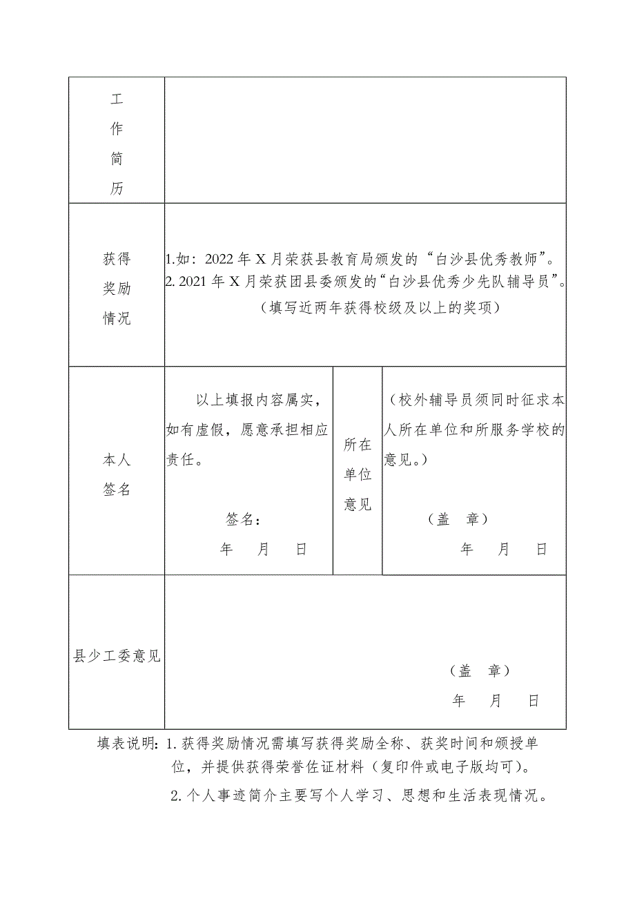 “白沙县优秀少先队辅导员”推荐表_第2页