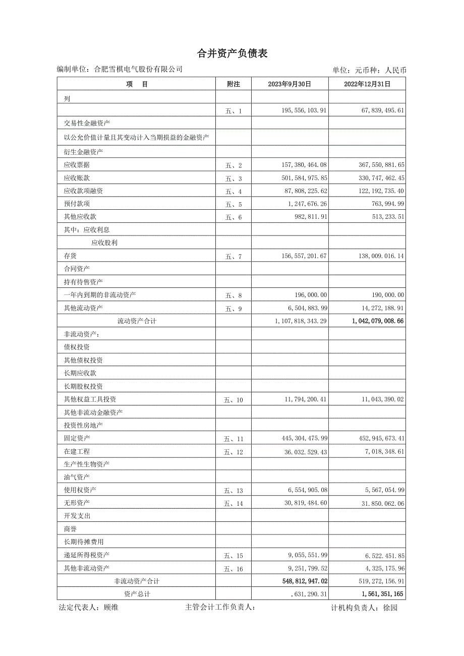 雪祺电气：公司财务报表及审阅报告（2023年1月-9月）_第5页