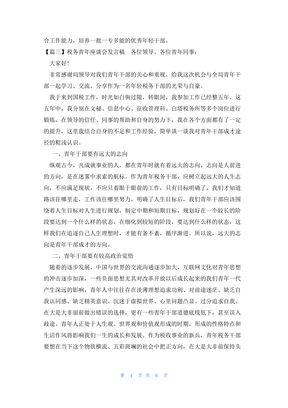 税务青年座谈会发言稿范文汇总三篇_第4页