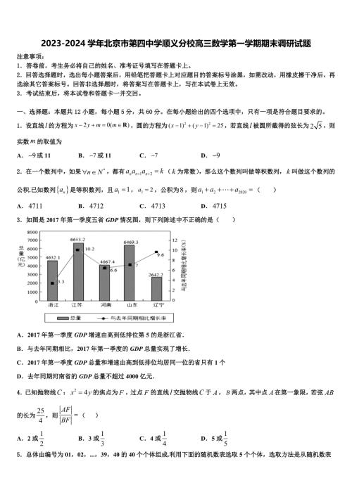 2023-2024学年北京市第四中学顺义分校高三数学第一学期期末调研试题含解析