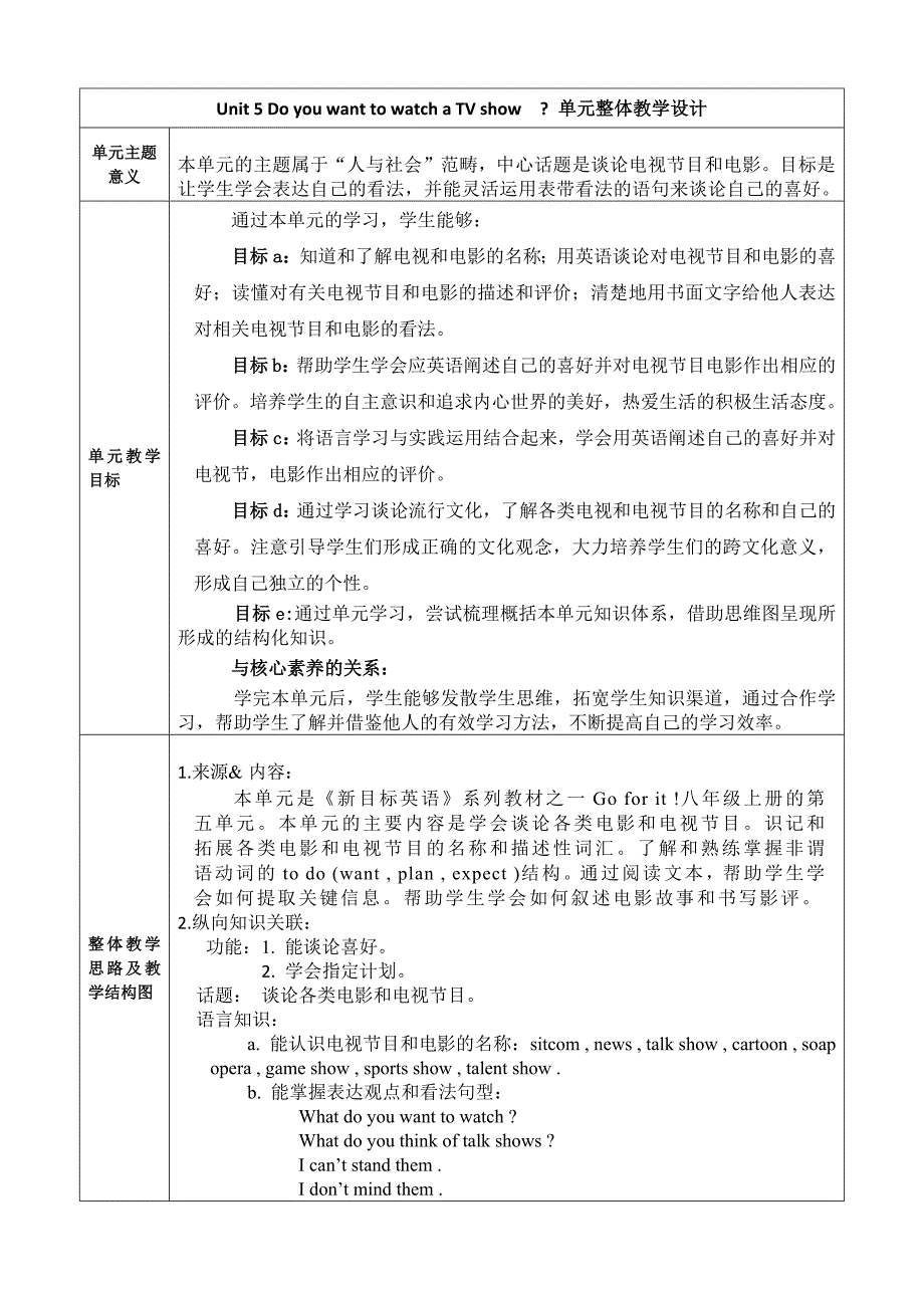 Section B 3a-Self Check 大单元教学设计Unit 5 Do you want to watch a TV show_第1页