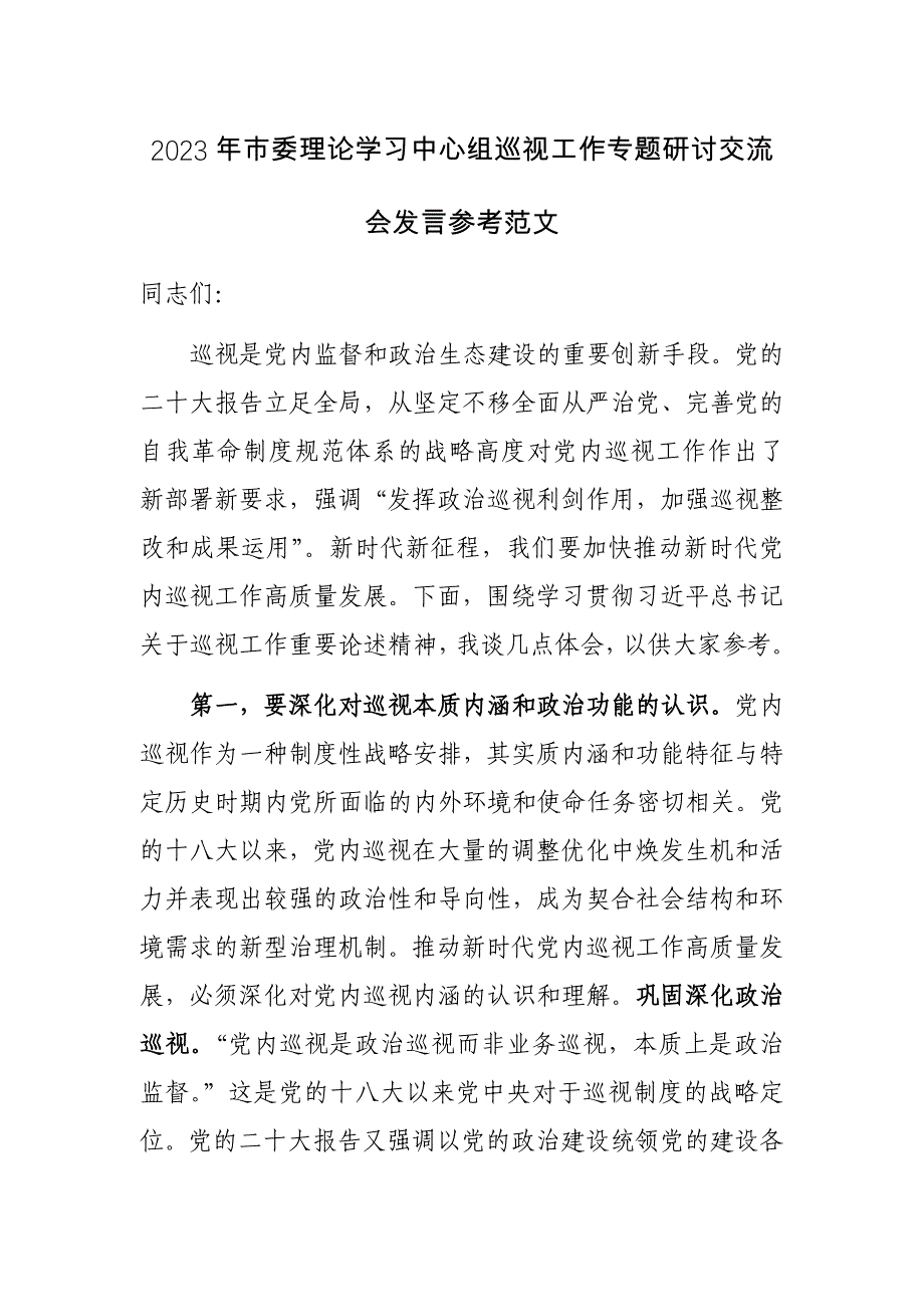 2023年市委理论学习中心组巡视工作专题研讨交流会发言参考范文_第1页