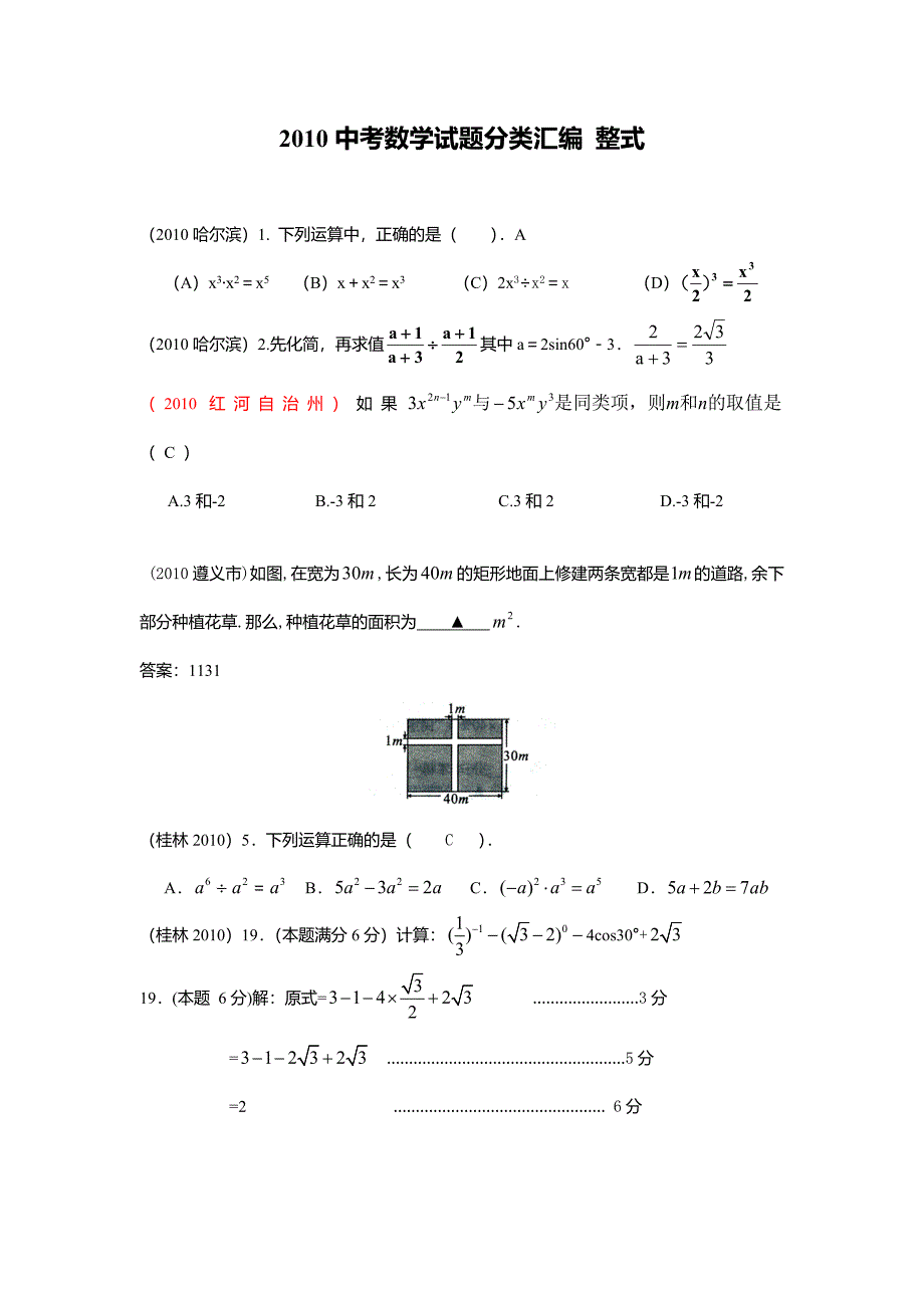 2010中考数学试题分类汇编1 整式(含答案)_第1页