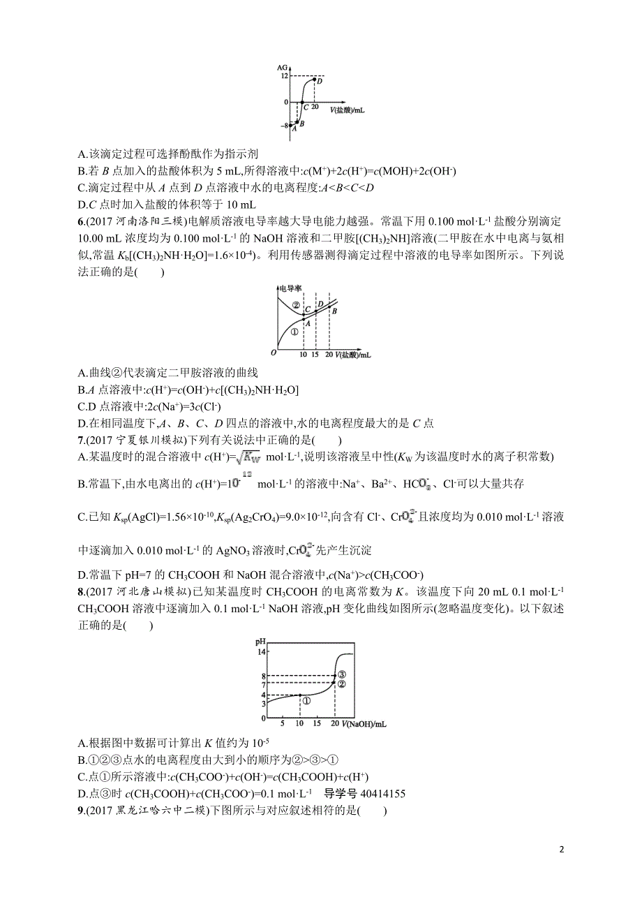 高考化学二轮复习训练： 题型七　水溶液中的离子平衡_第2页