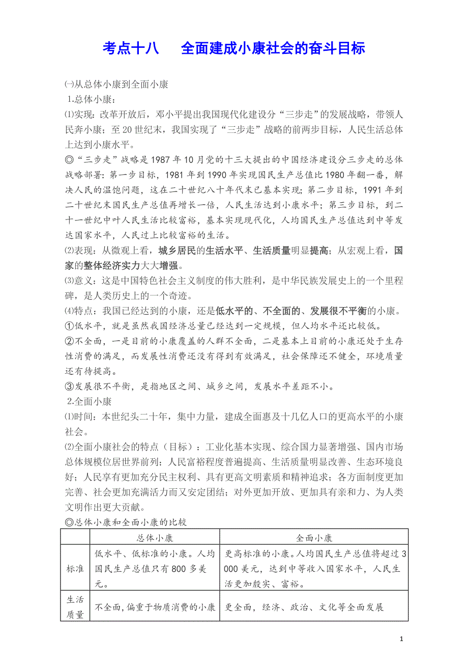 高考政治《经济生活》考点十八 全面建成小康社会的奋斗目标_第1页