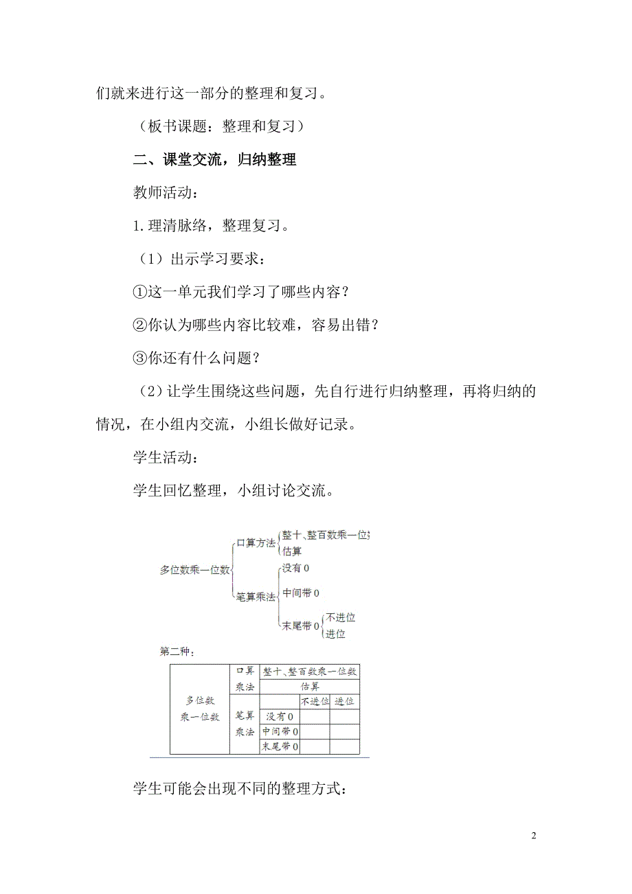 三年级上册数学教案：第6单元 多位数乘一位数第10课时整理和复习_第2页