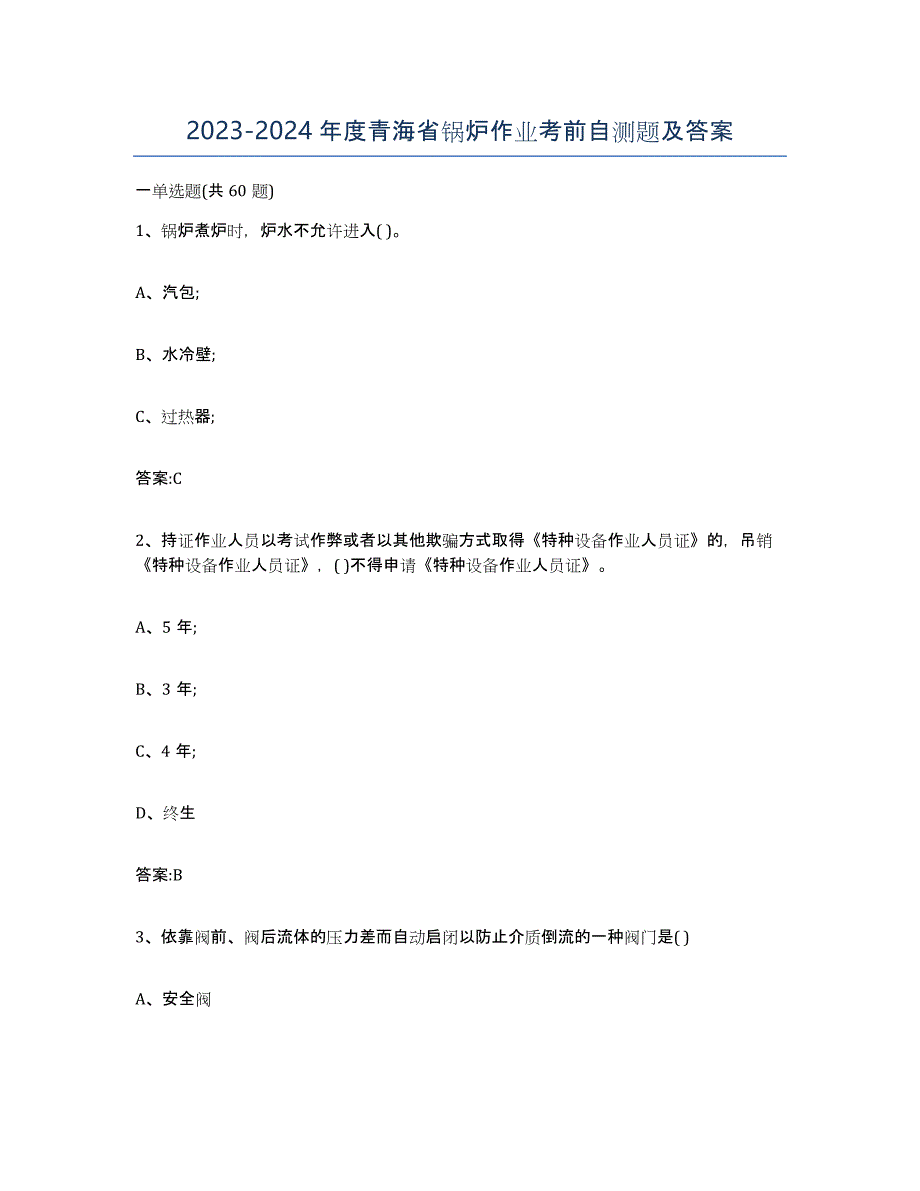 20232024年度青海省锅炉作业考前自测题及答案_第1页